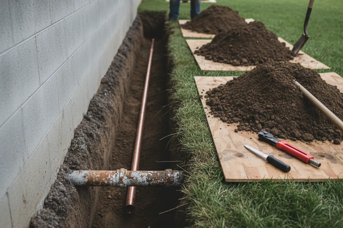 Excavated water line trench during Sewer Line Repair in Clarks Hill